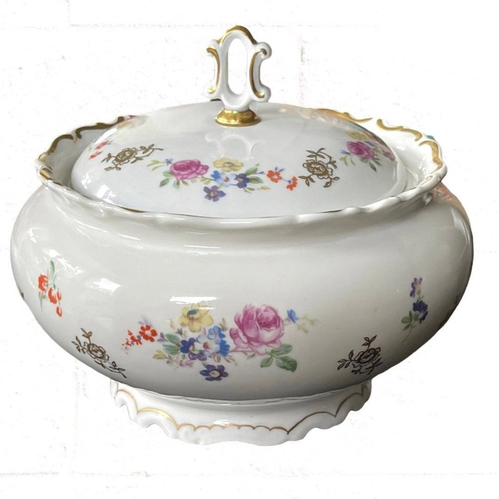 Reichenbach China Vintage Lidded Floral Bowl with Gold Trim